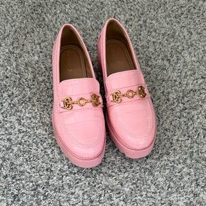 Circus Pink Croc-Embossed Leather Loafers with Gold Hardware